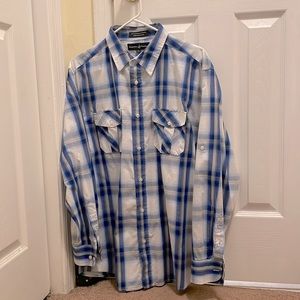 Men’s XL Blue-Silver-White Plaid Button Down Shirt by Beverly Hills Polo Club